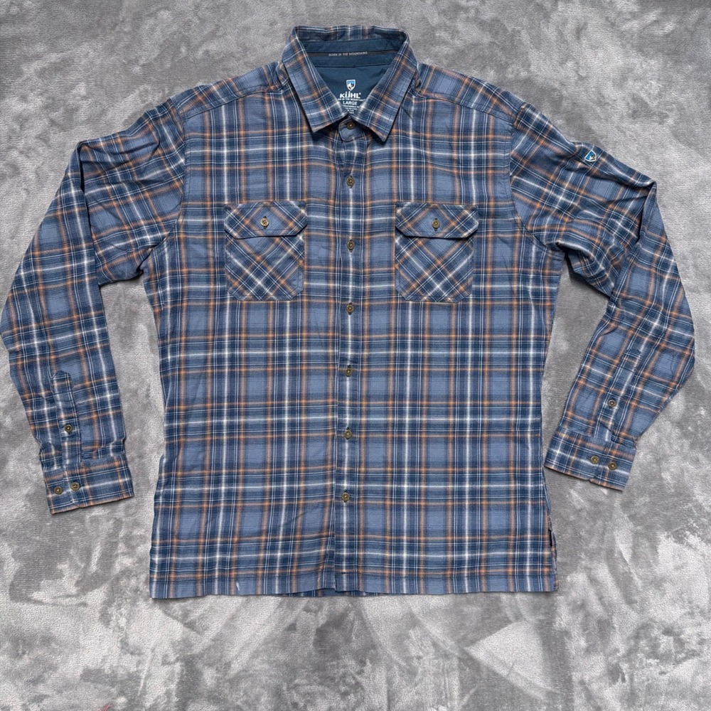 Kuhl Dillingr Shirt Button Down Mens Large Blue Plaid‎ Long Sleeve Hiking